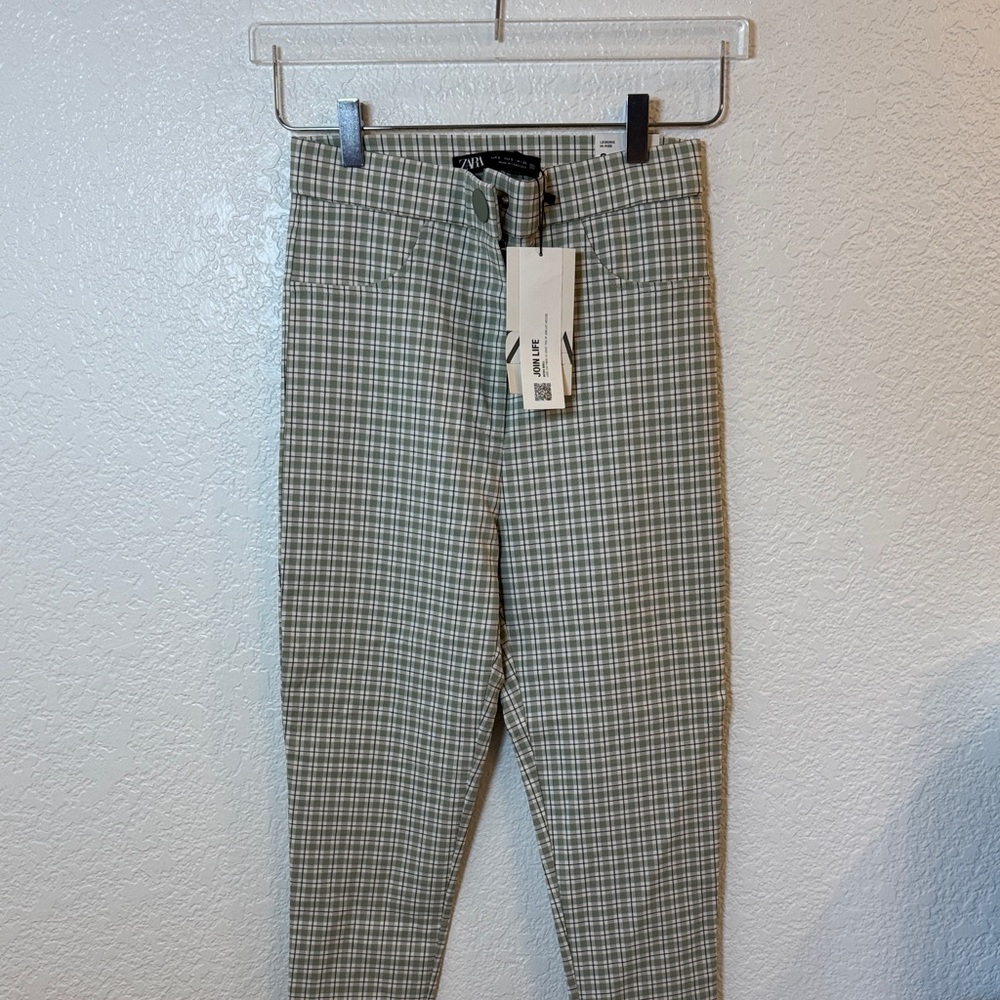 Zara Olive Green Windowpane Slim Chino Pants